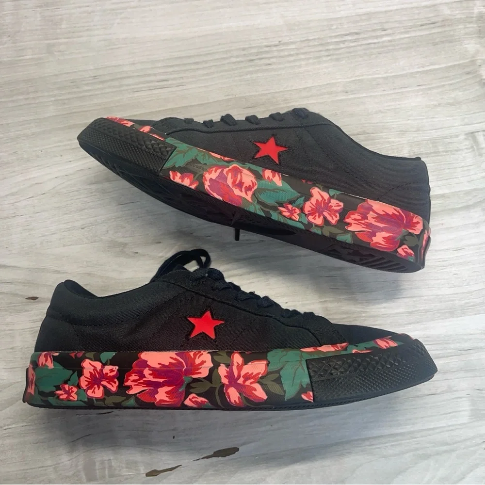 Converse One Star Ox Black Red Floral Low Top Lace Up Sneakers Kids Girls Size 4